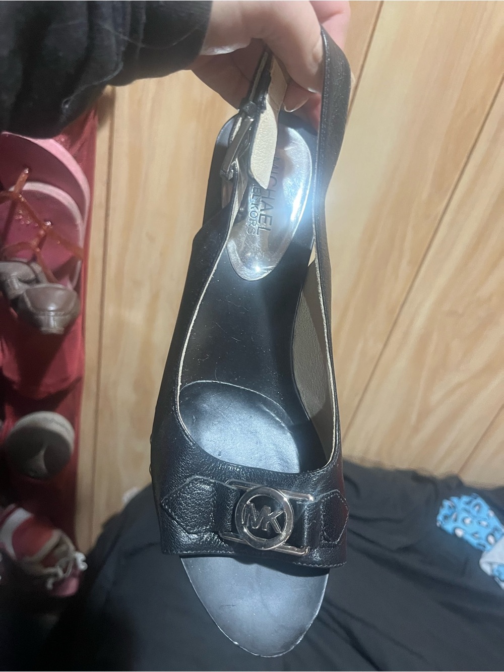 Michael Kors Black Leather Open-Toe Slingback Heels with MK Logo
